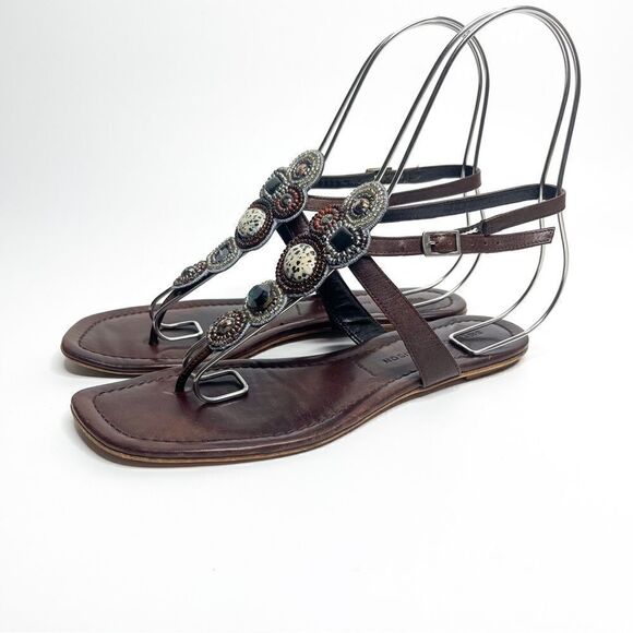 🍋 Sigerson Morrison • Women’s T-Strap Beaded Leather Sandals Size 7 - Picture 1 of 6